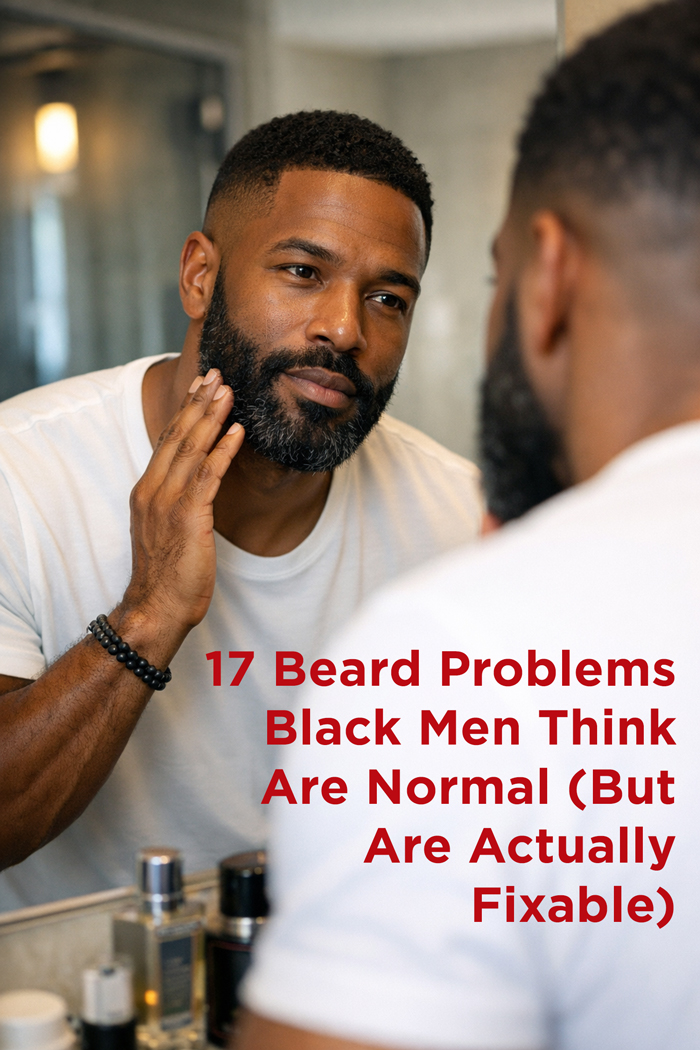 Black man grooming his beard
